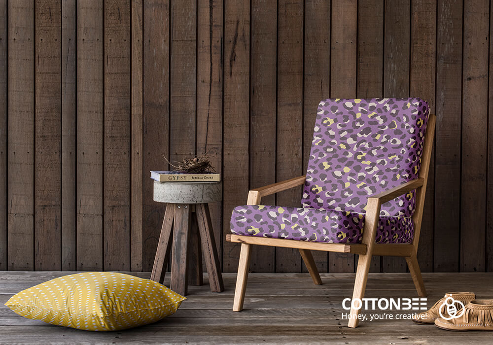 Purple animal print upholstery fabrics on a lounge chair