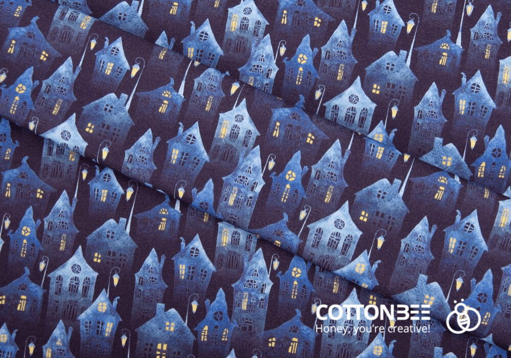 sewing fabric with haunted houses print