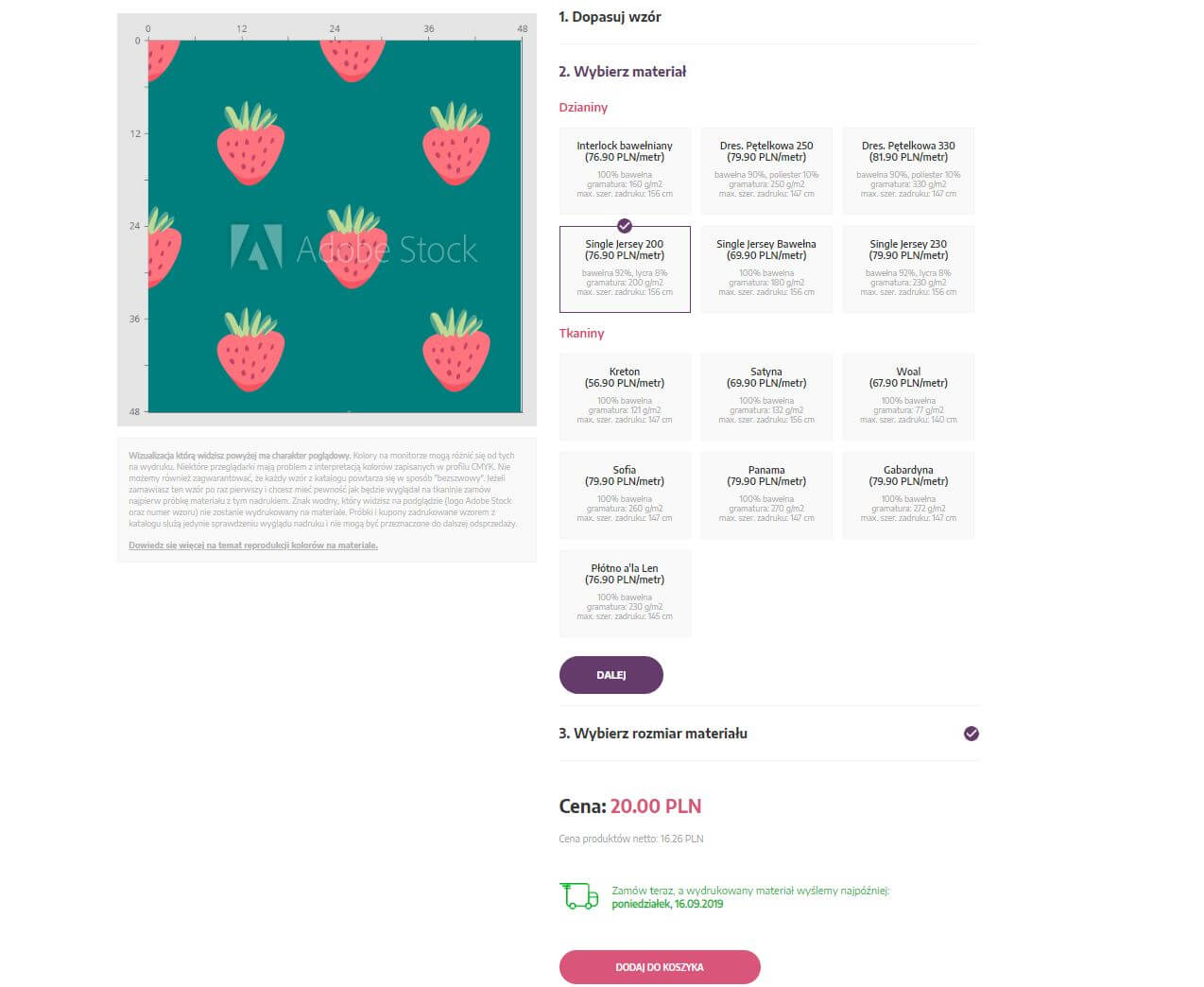 wybierz material do druku na materiale