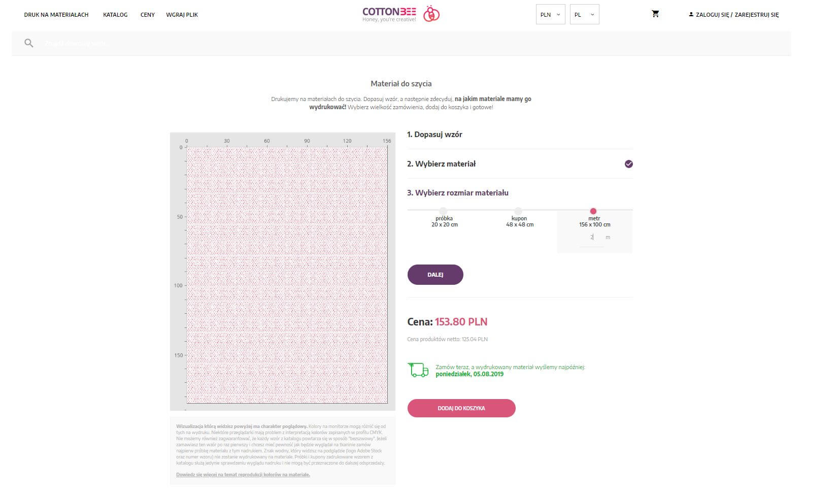 wybierz rozmiar materialu z drukowanym wzorem